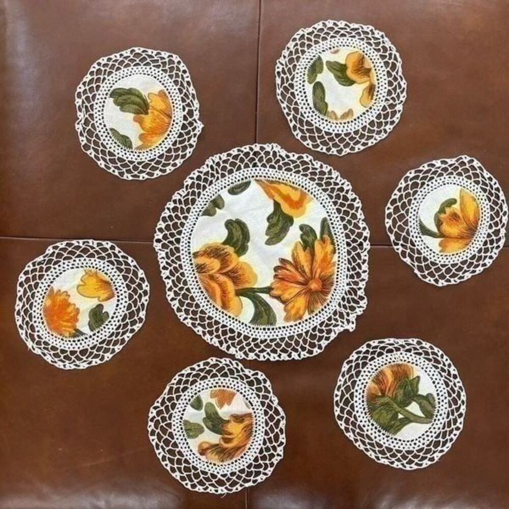 Vintage 7pc Handmade Doilies Fabric Floral Centers